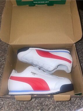 Puma Kids White Sneakers with Red Stripe and Blue Trim